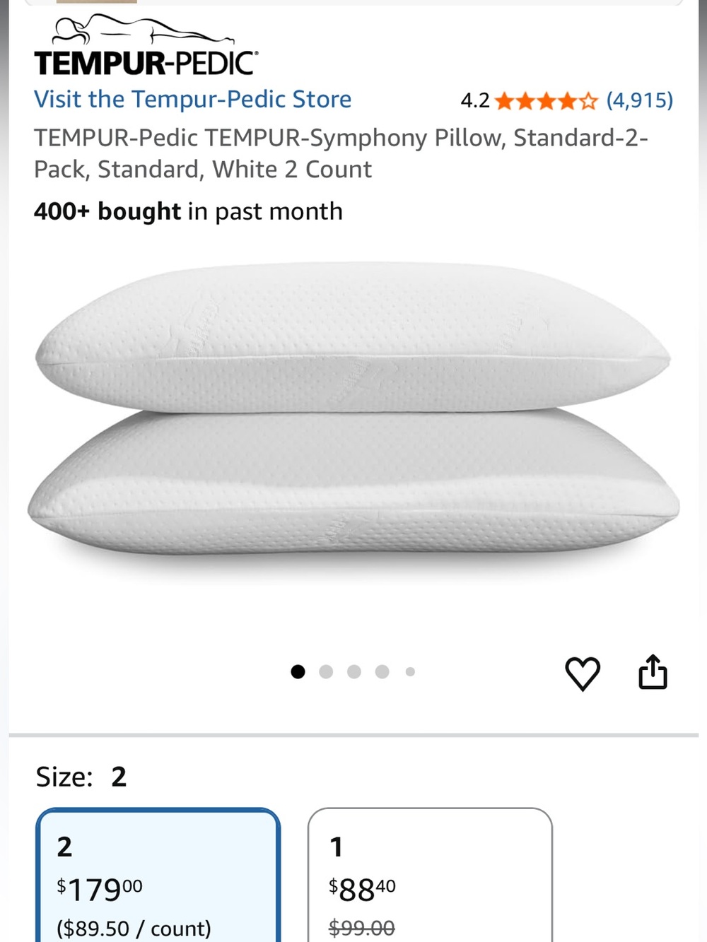 BNIB SET of 2 TEMPUR-pedic TEMPUR-Symphony Pillows in White , Standard size